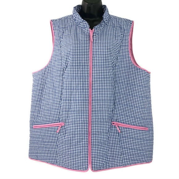 Talbots Vest Full Zip Blue White Plaid Polyester - Picture 1 of 6